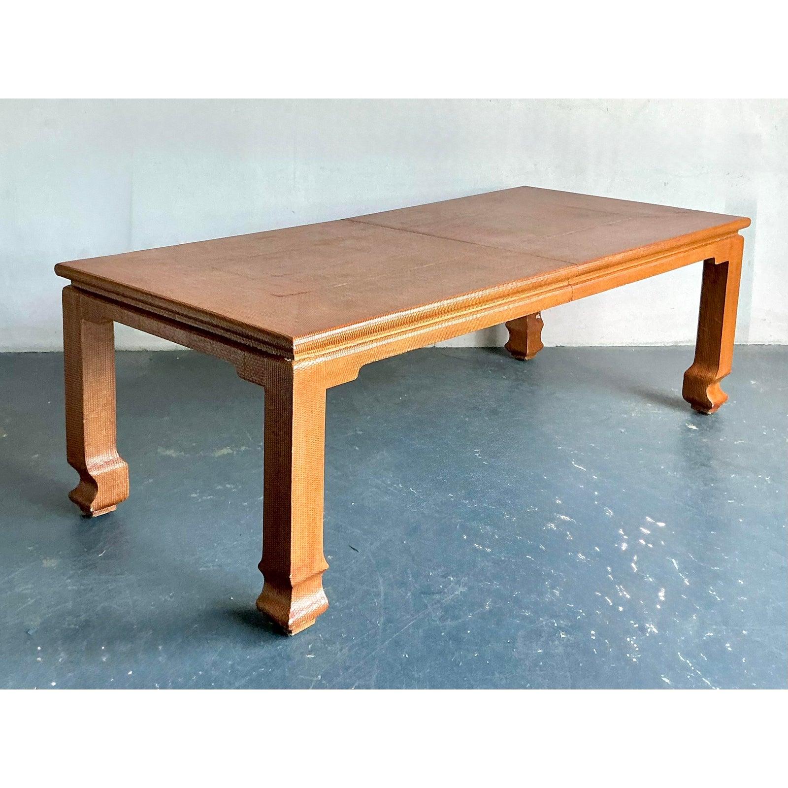 20th Century Vintage Boho Grasscloth Ming Extendable Dining Table For Sale