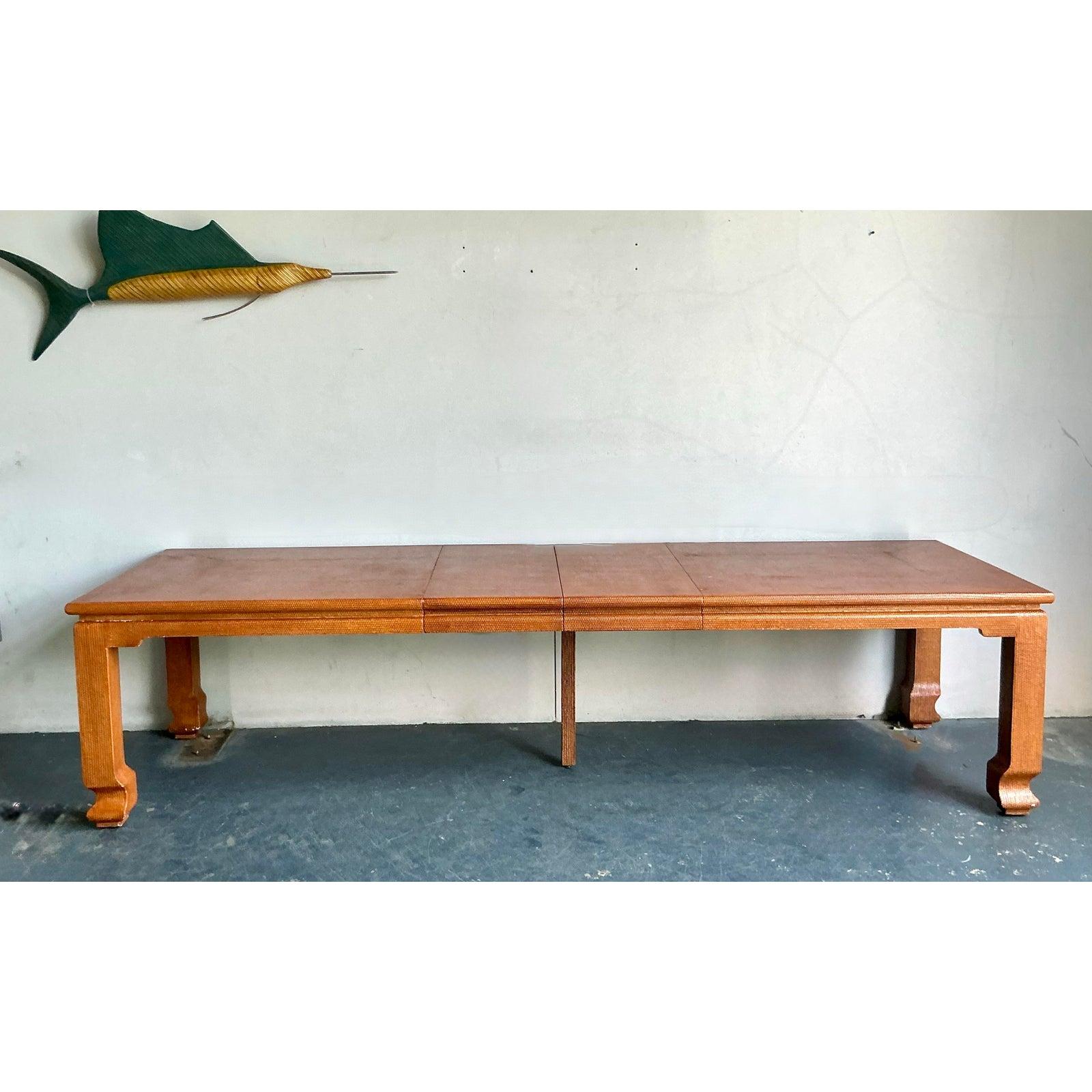 Vintage Boho Grasscloth Ming Extendable Dining Table For Sale 1