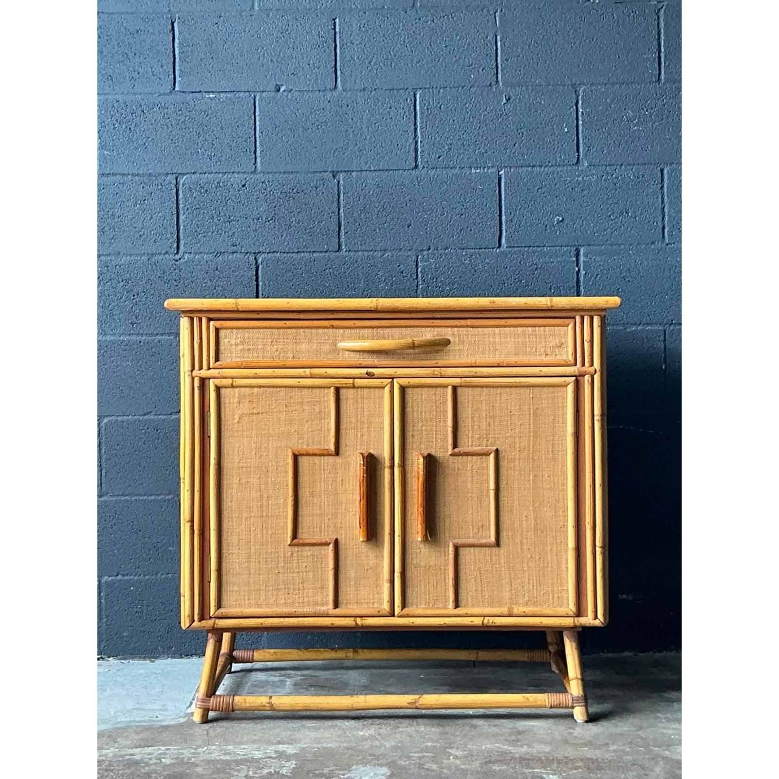 Mid-Century Modern Vintage Boho Grasscloth Sideboard For Sale