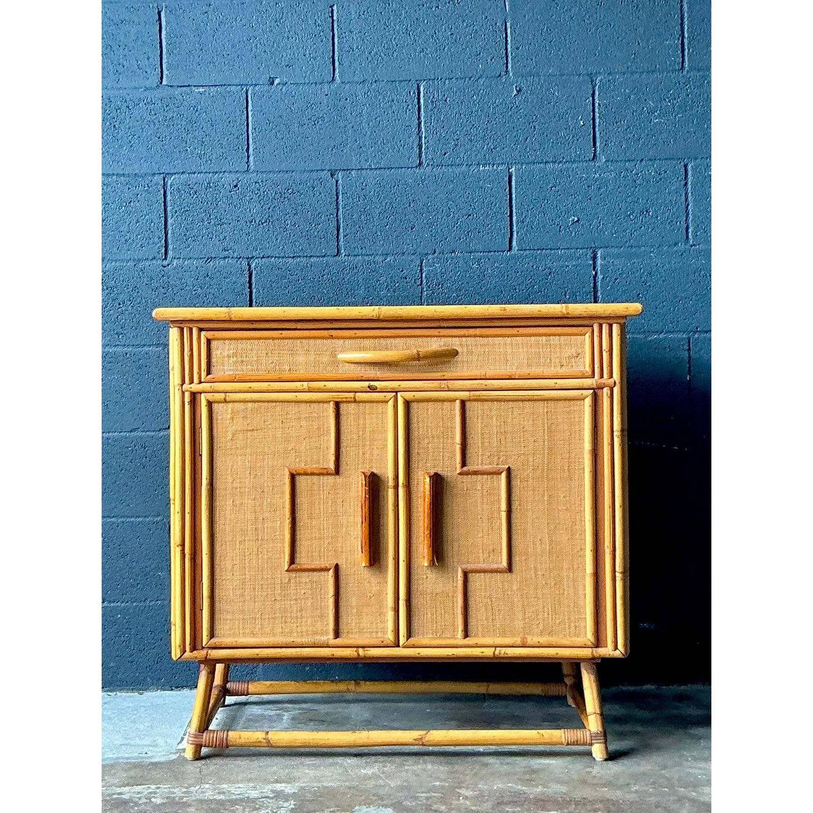 Bamboo Vintage Boho Grasscloth Sideboard For Sale