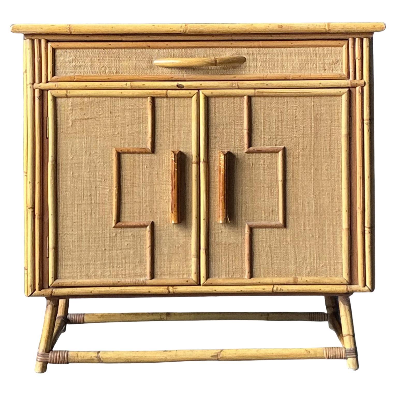 Vintage Boho Grasscloth Sideboard For Sale