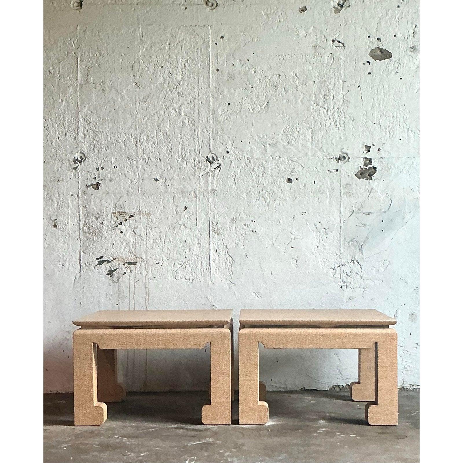 Philippine Vintage Boho Grasscloth Wrapped Side Tables - A Pair For Sale