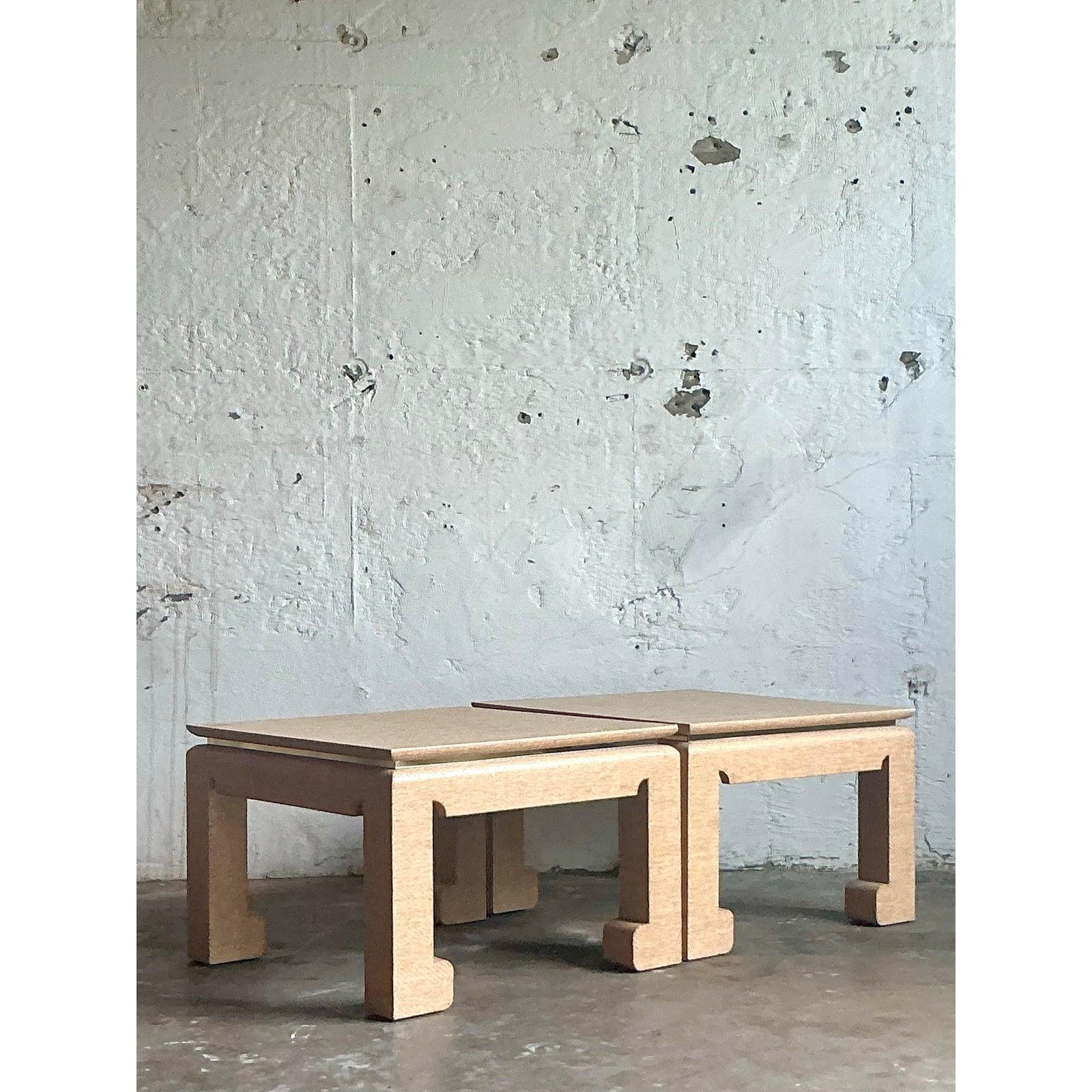 20th Century Vintage Boho Grasscloth Wrapped Side Tables - A Pair For Sale