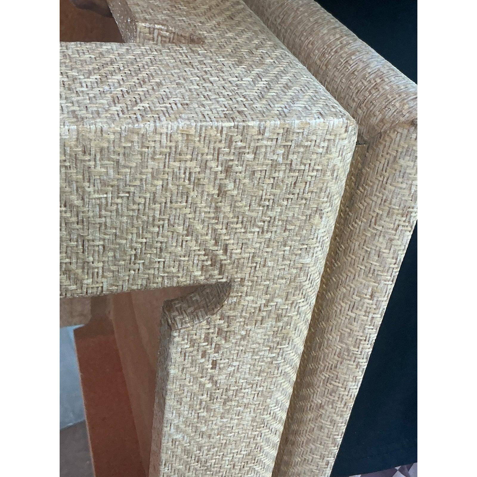 Raffia Vintage Boho Grasscloth Wrapped Side Tables - A Pair For Sale