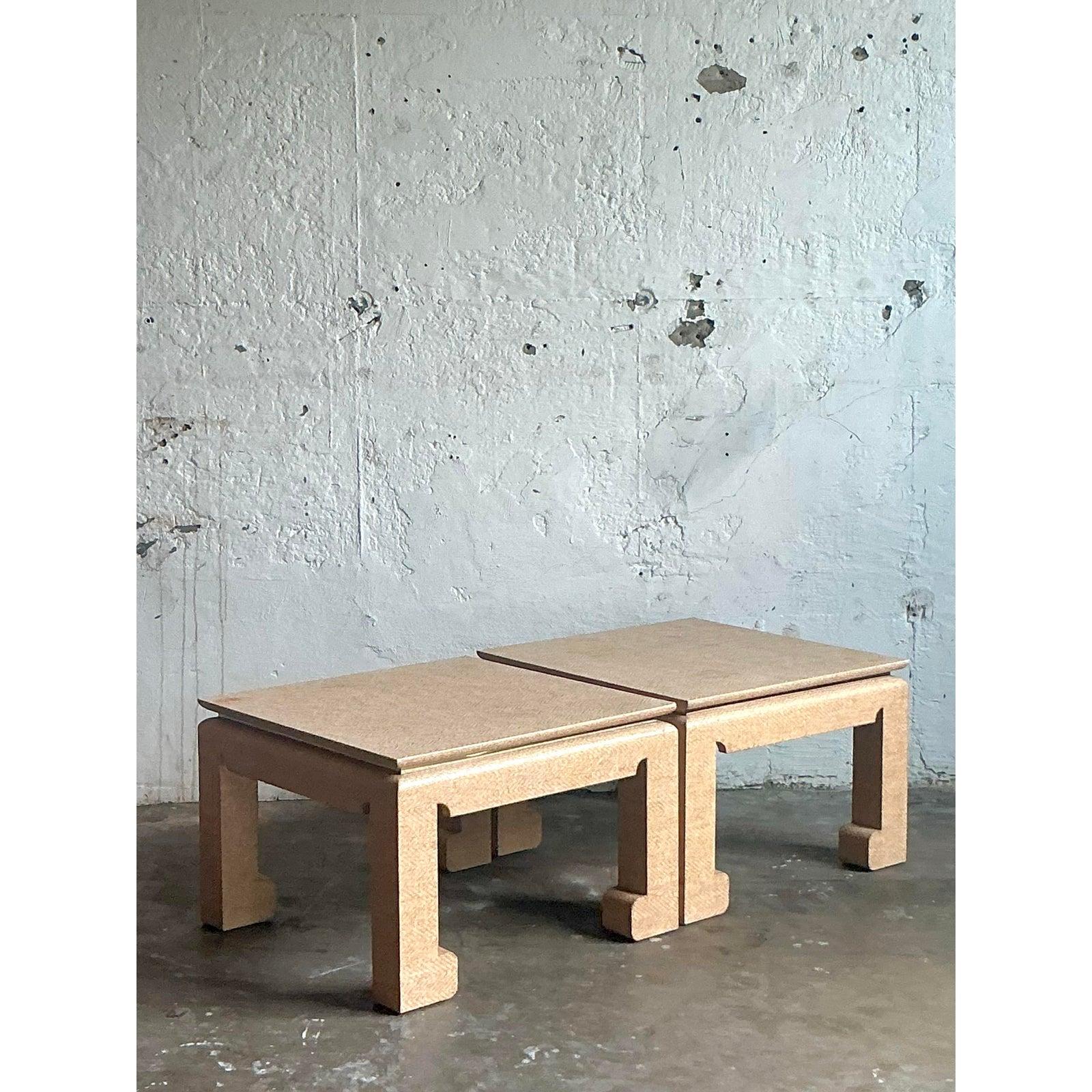 Vintage Boho Grasscloth Wrapped Side Tables - A Pair For Sale 1