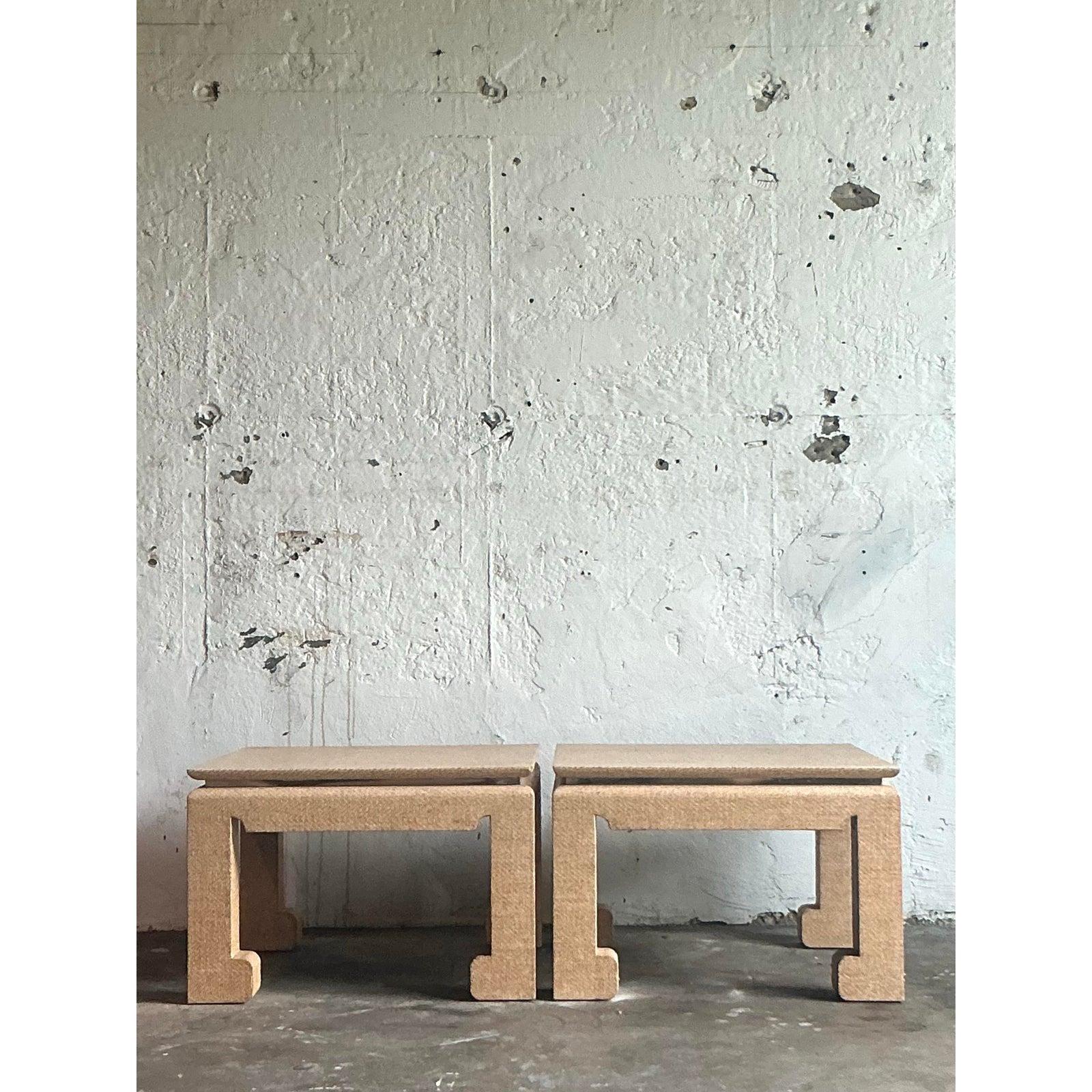 Vintage Boho Grasscloth Wrapped Side Tables - A Pair For Sale 2