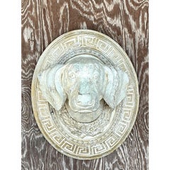 Vintage Boho Greek Key Carved Dog Wall Hanging