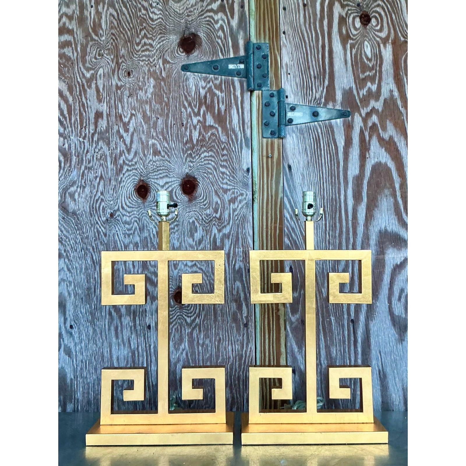 Classical Greek Vintage Boho Greek Key Gilt Lamps - A Pair For Sale