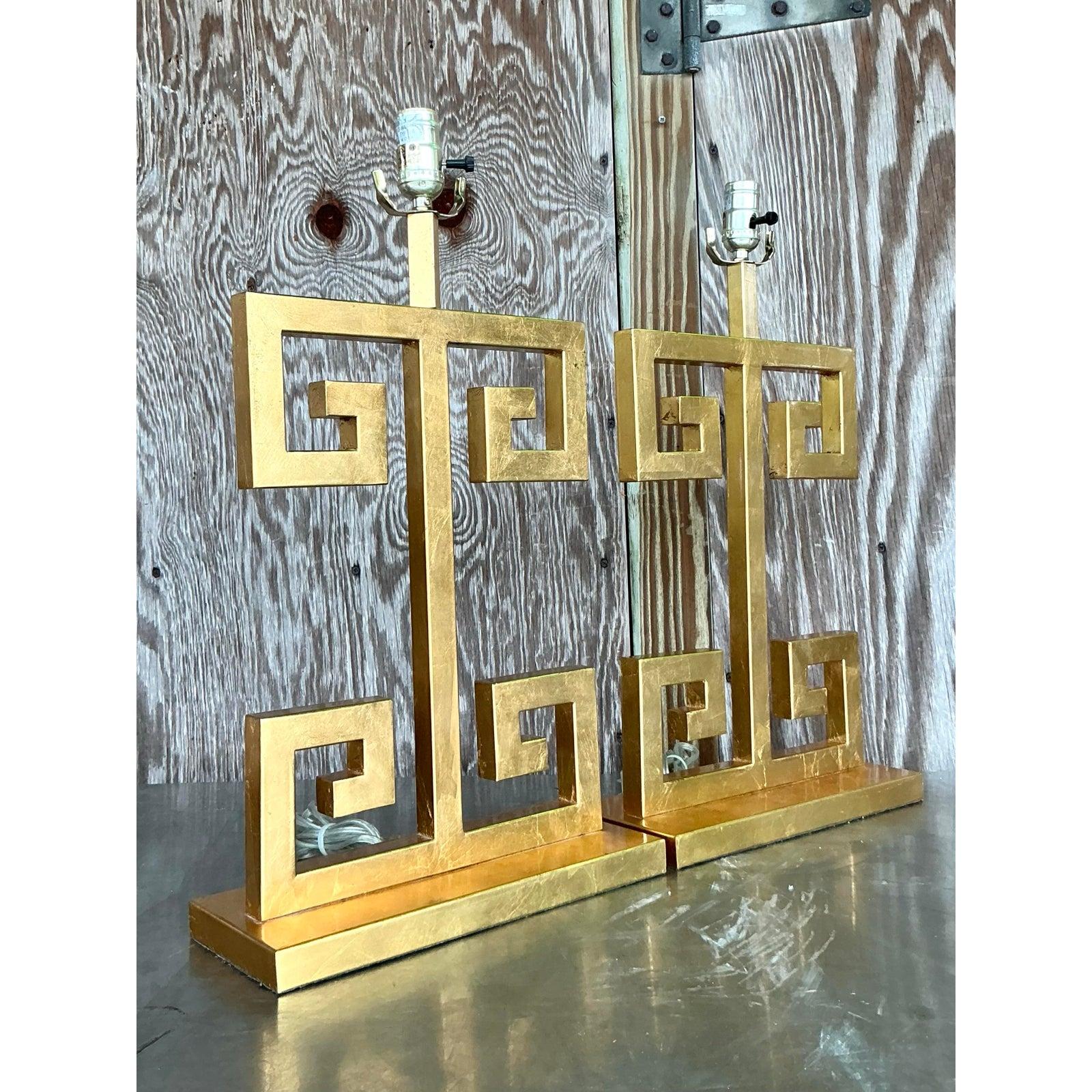 American Vintage Boho Greek Key Gilt Lamps - A Pair For Sale