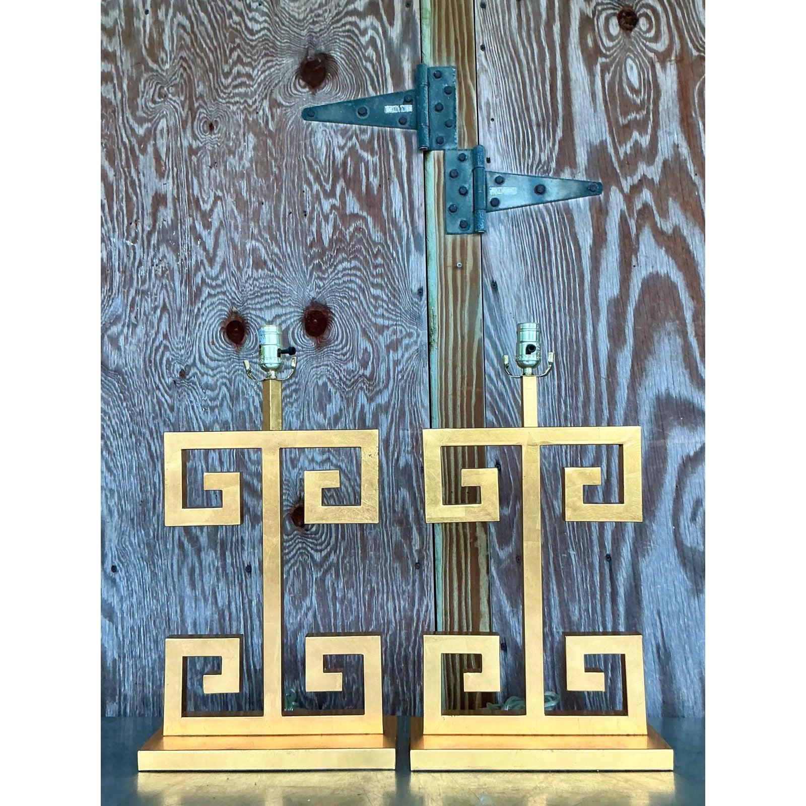 Vintage Boho Greek Key Gilt Lamps - A Pair In Good Condition For Sale In West Palm Beach, FL