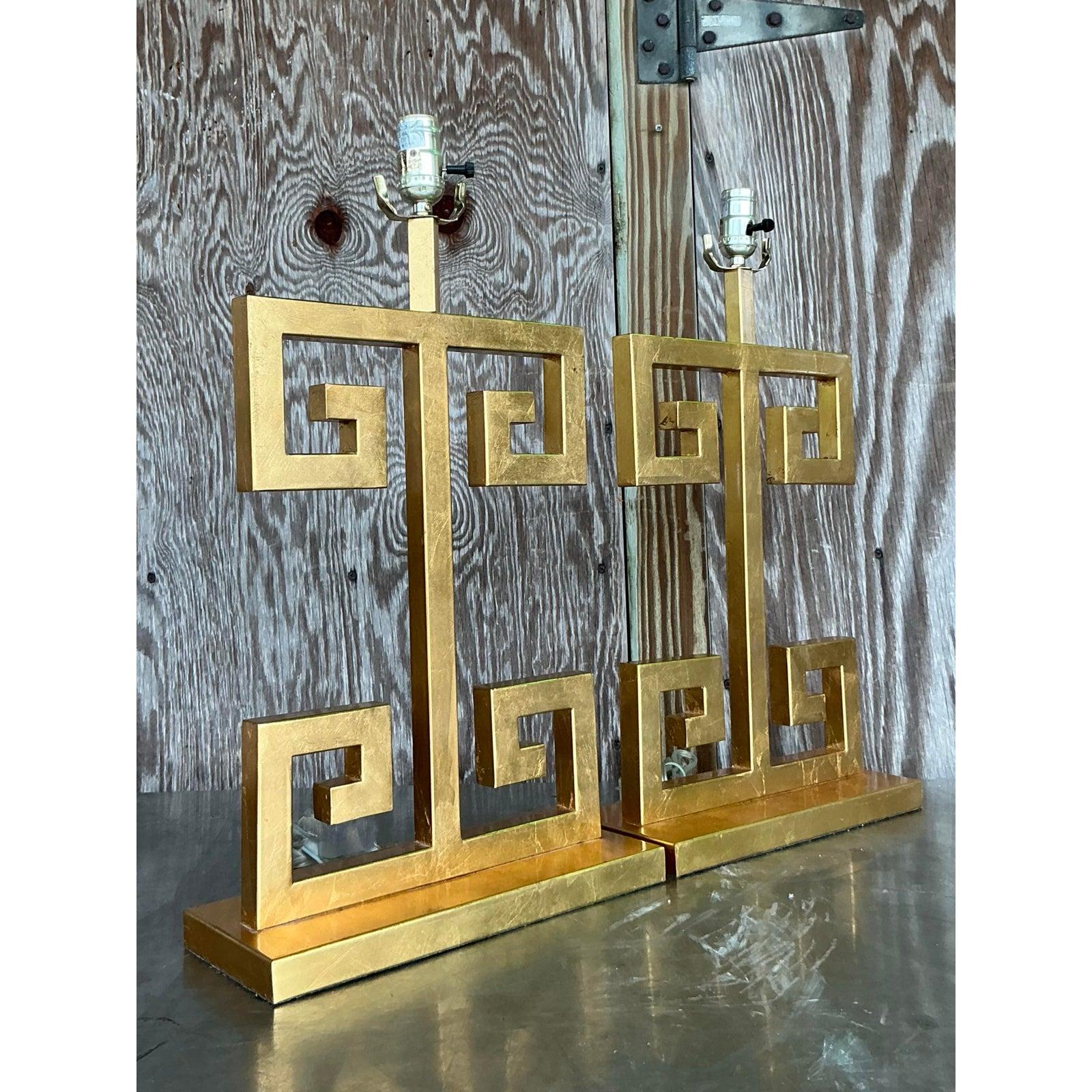 Contemporary Vintage Boho Greek Key Gilt Lamps - A Pair For Sale