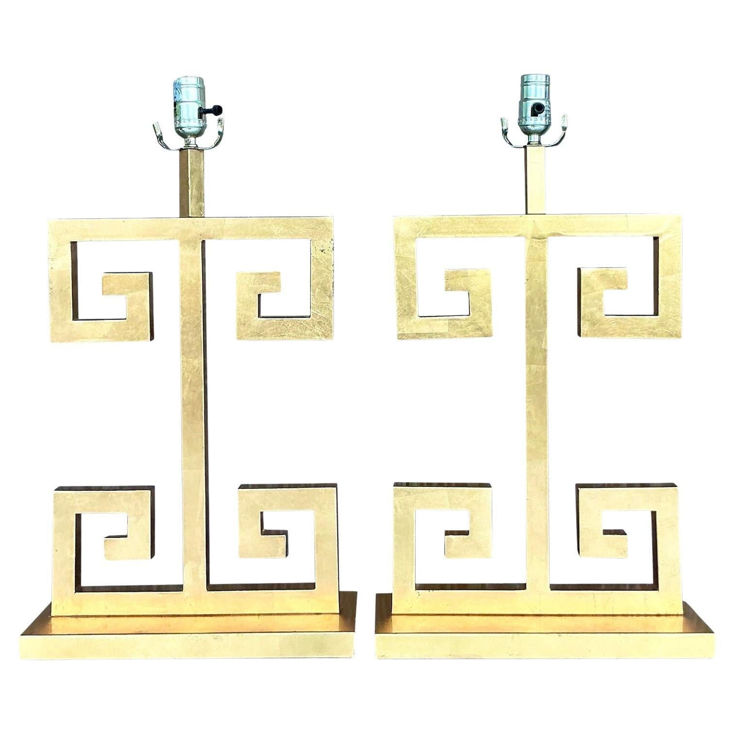 Vintage Boho Greek Key Gilt Lamps - A Pair For Sale