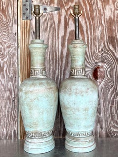 Vintage Boho Greek Key Matte Glazed Ceramic Lamps - a Pair
