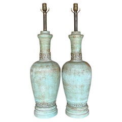 Vintage Boho Greek Key Matte Glazed Ceramic Lamps - a Pair
