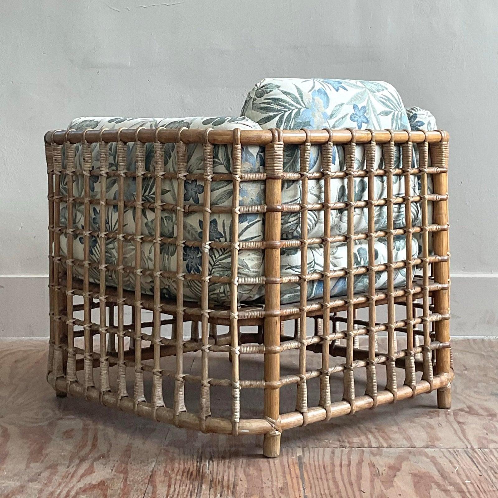 Mid-Century Modern Vintage Boho Grid Rattan Lounge Chair After Henry Olko For Sale