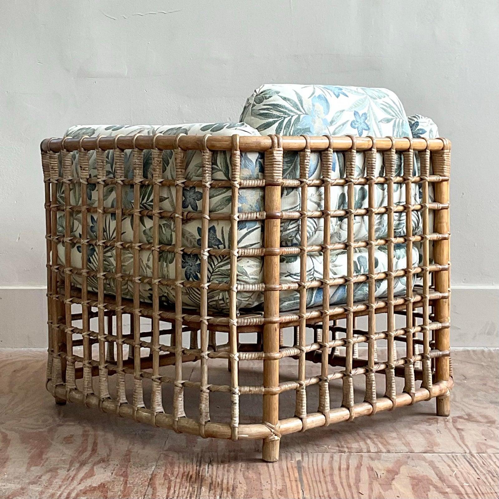 Philippine Vintage Boho Grid Rattan Lounge Chair After Henry Olko For Sale
