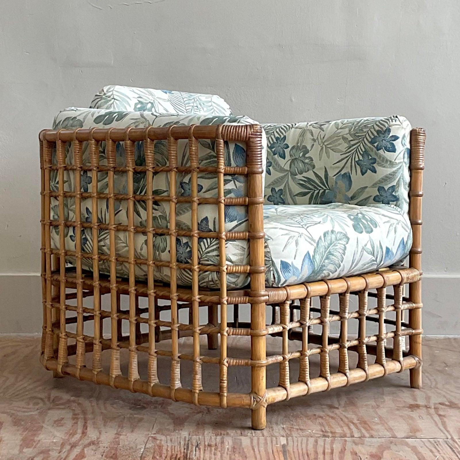Vintage Boho Grid Rattan Lounge Chair After Henry Olko In Good Condition For Sale In West Palm Beach, FL