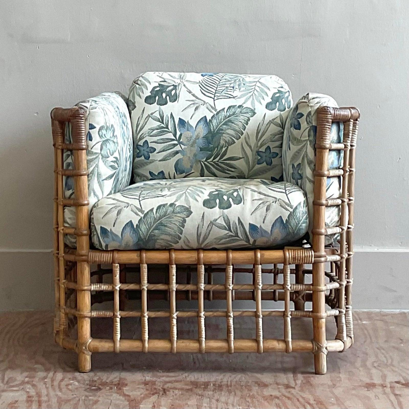 20th Century Vintage Boho Grid Rattan Lounge Chair After Henry Olko For Sale