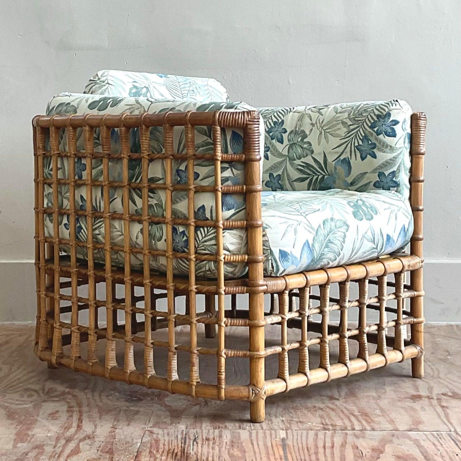 Vintage Boho Grid Rattan Lounge Chair After Henry Olko For Sale 1