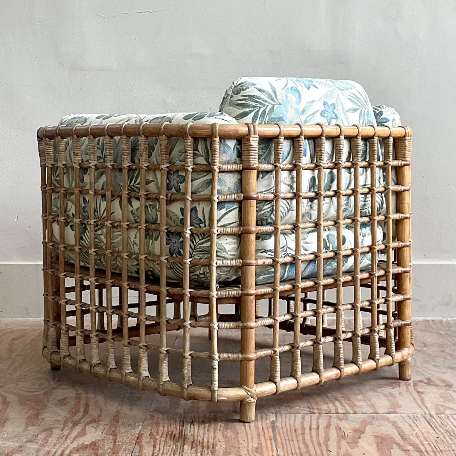 Vintage Boho Grid Rattan Lounge Chair After Henry Olko For Sale 2