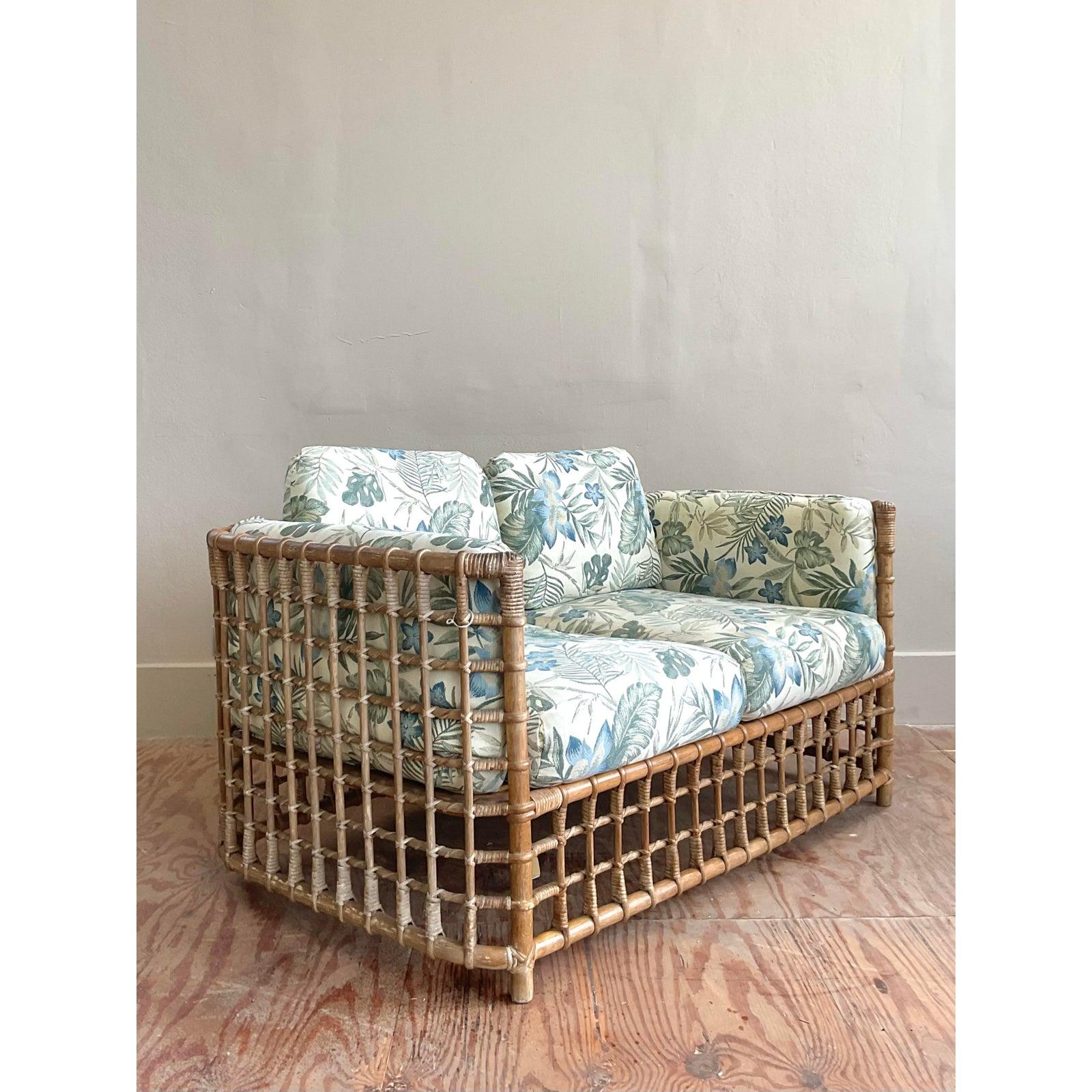 Mid-Century Modern Vintage Boho Grid Rattan Loveseat After Henry Olko For Sale