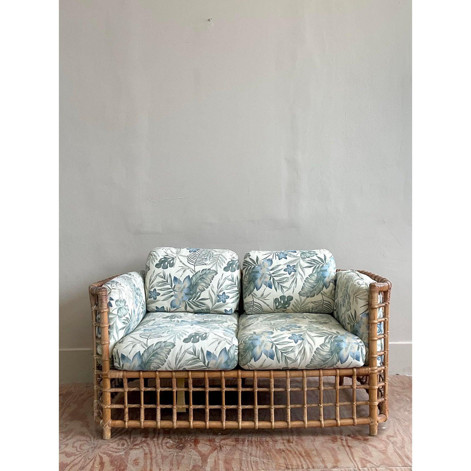 Philippine Vintage Boho Grid Rattan Loveseat After Henry Olko For Sale