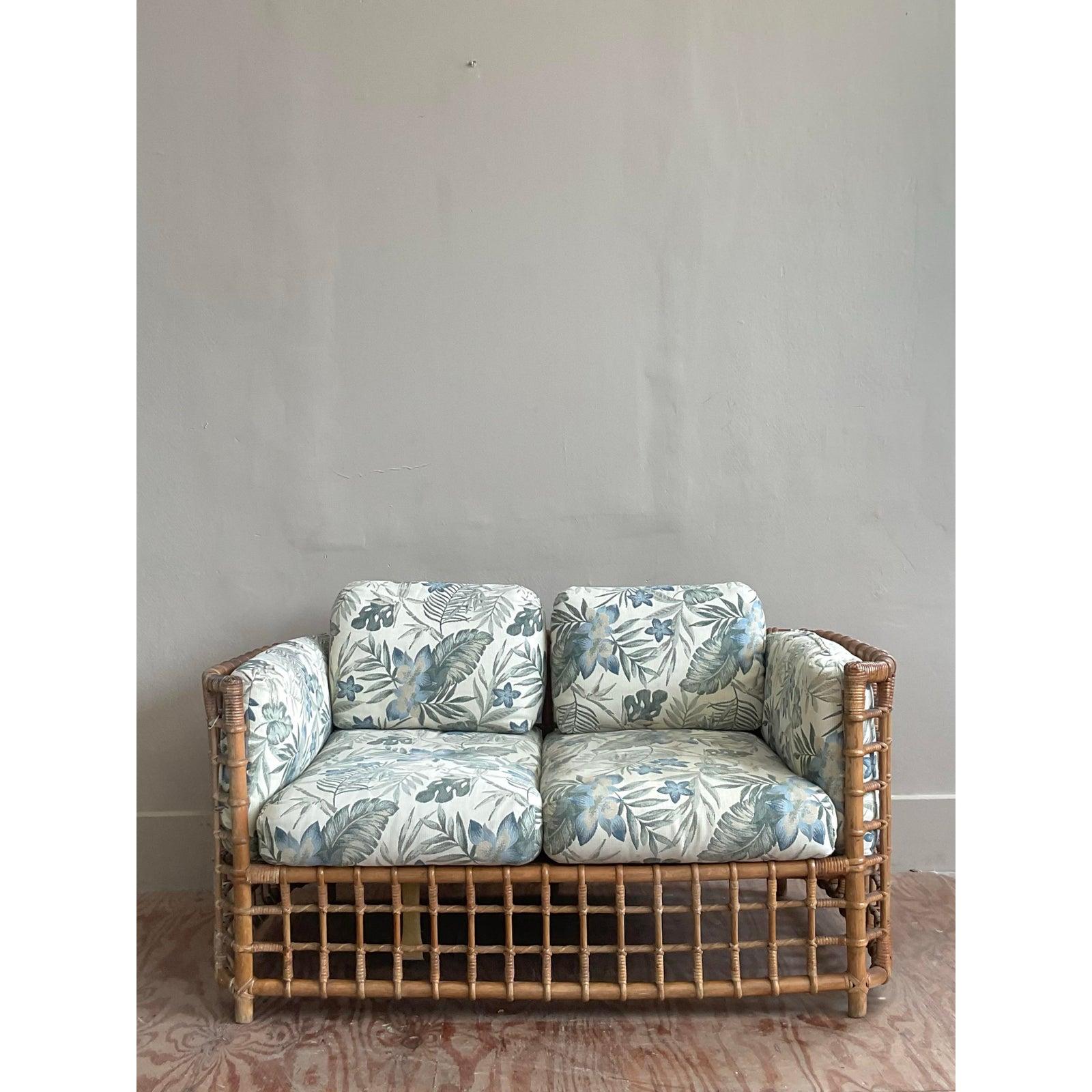 20th Century Vintage Boho Grid Rattan Loveseat After Henry Olko For Sale