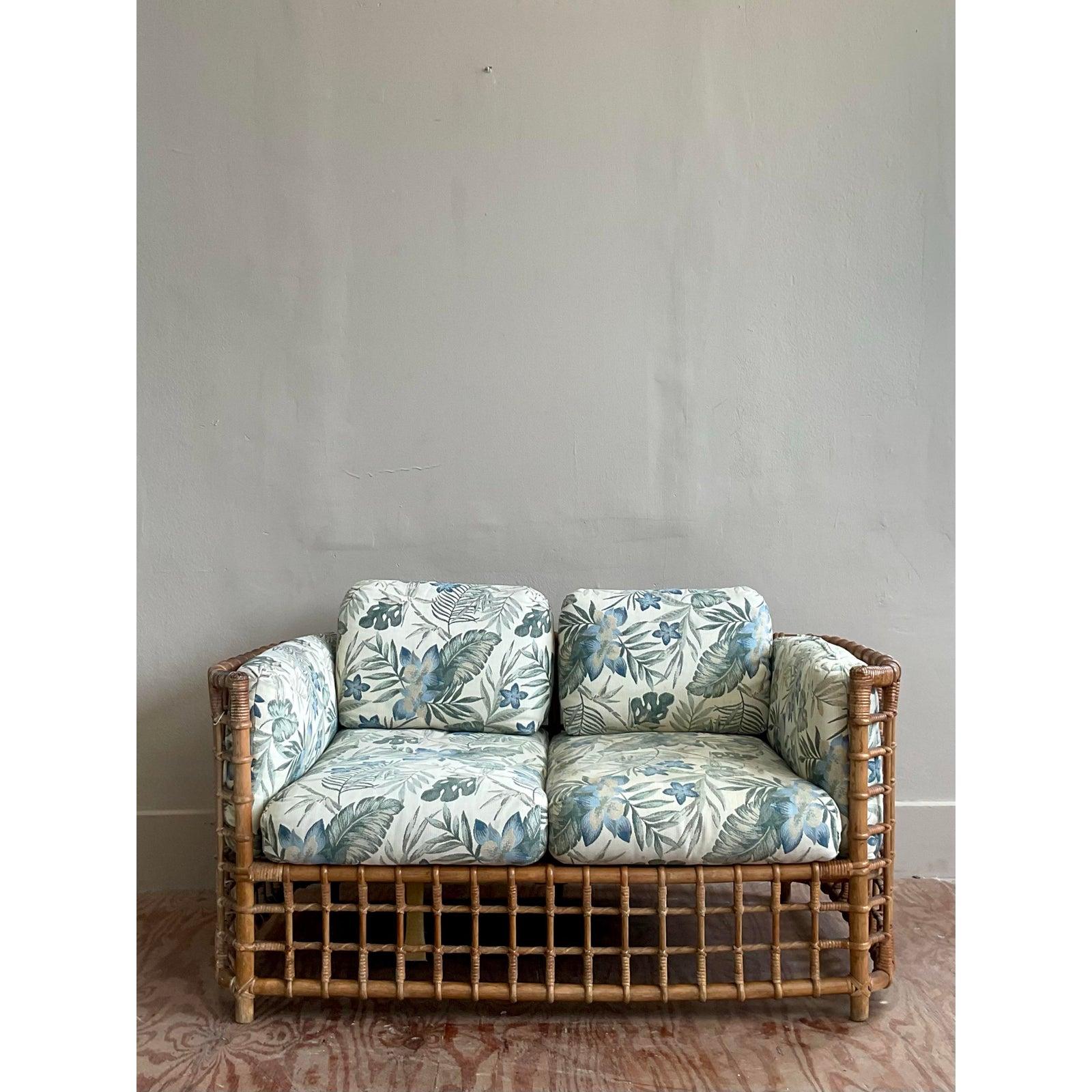 Bamboo Vintage Boho Grid Rattan Loveseat After Henry Olko For Sale
