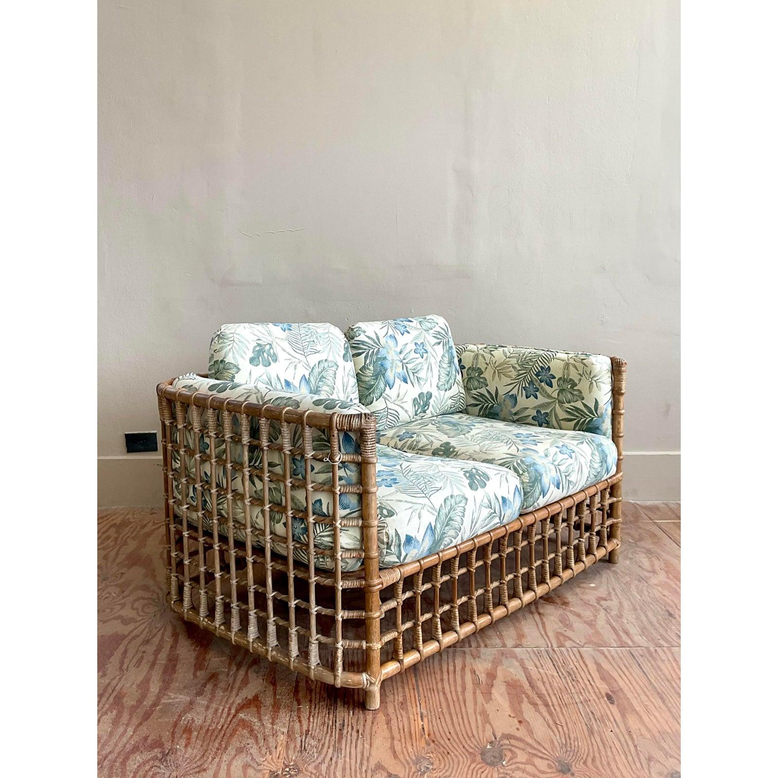 Vintage Boho Grid Rattan Loveseat After Henry Olko For Sale 1