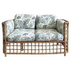Vintage Boho Grid Rattan Loveseat After Henry Olko