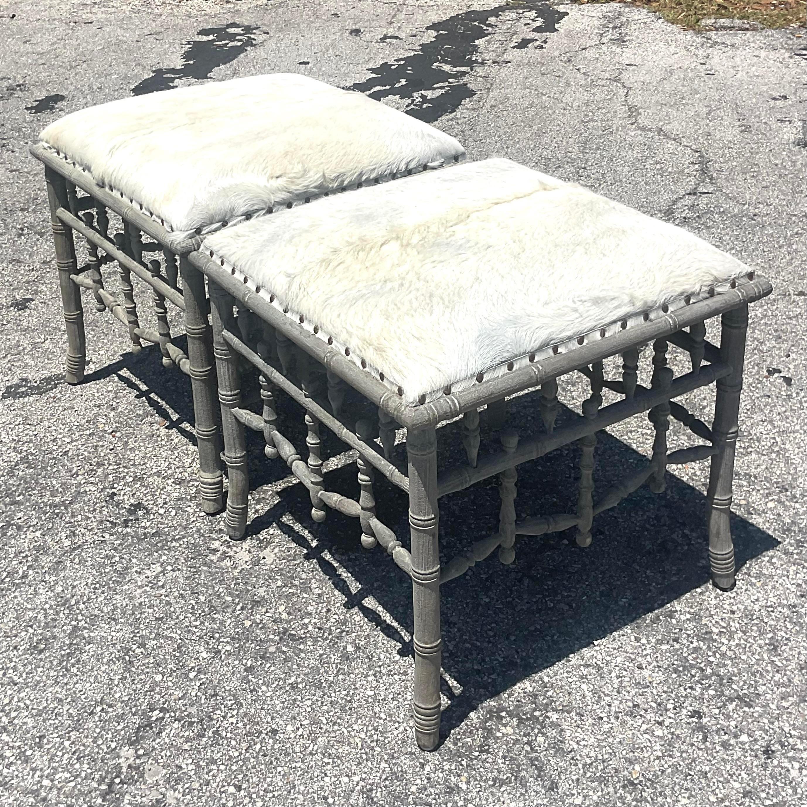 Elevate your living space with this dynamic duo of Vintage Boho Guildmasters Fretwork Low Stools. Infused with eclectic charm and crafted for comfort, these pieces effortlessly blend Bohemian flair with classic American sensibility, adding both