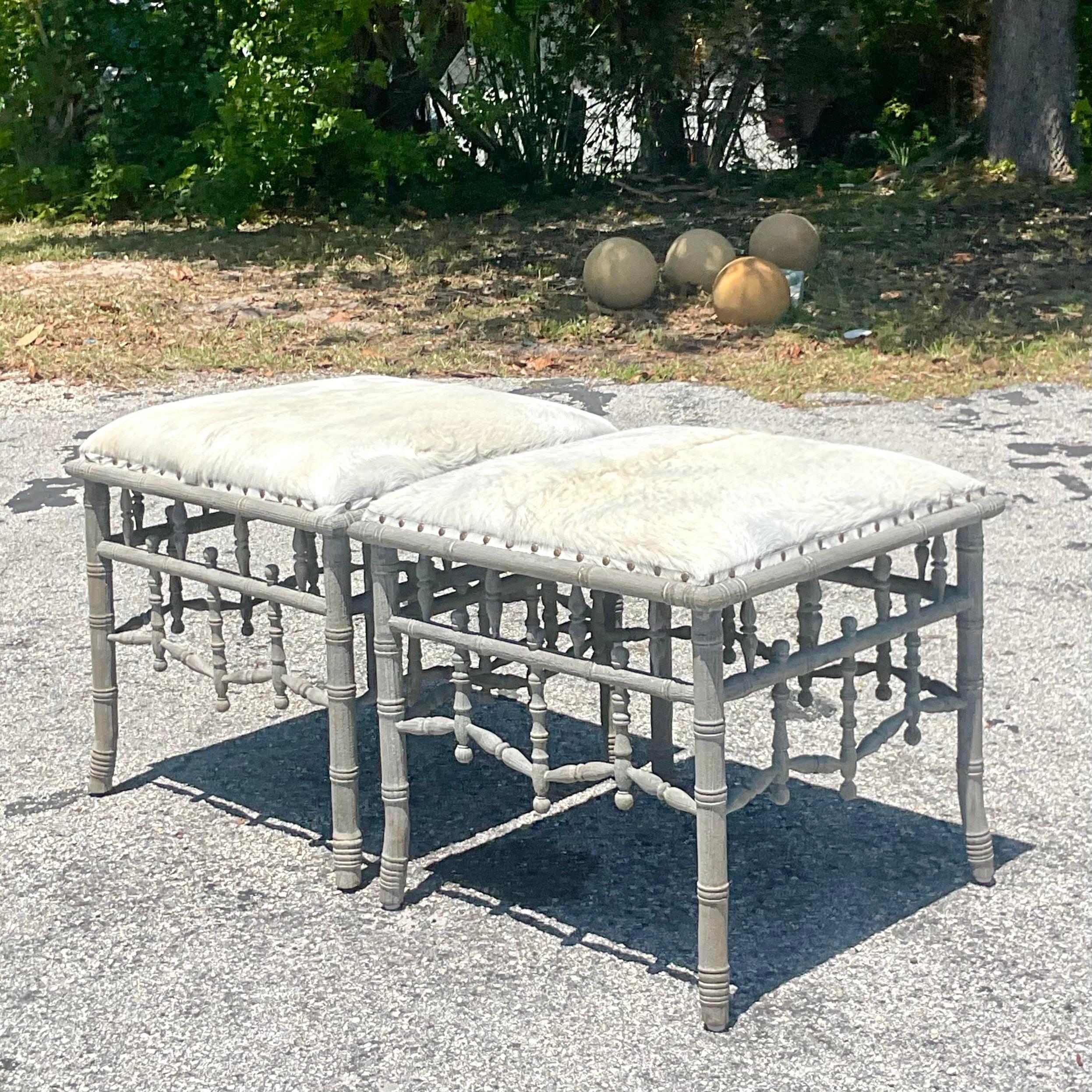 Vintage Boho Guildmasters Fretwork Low Stools - a Pair In Good Condition For Sale In west palm beach, FL