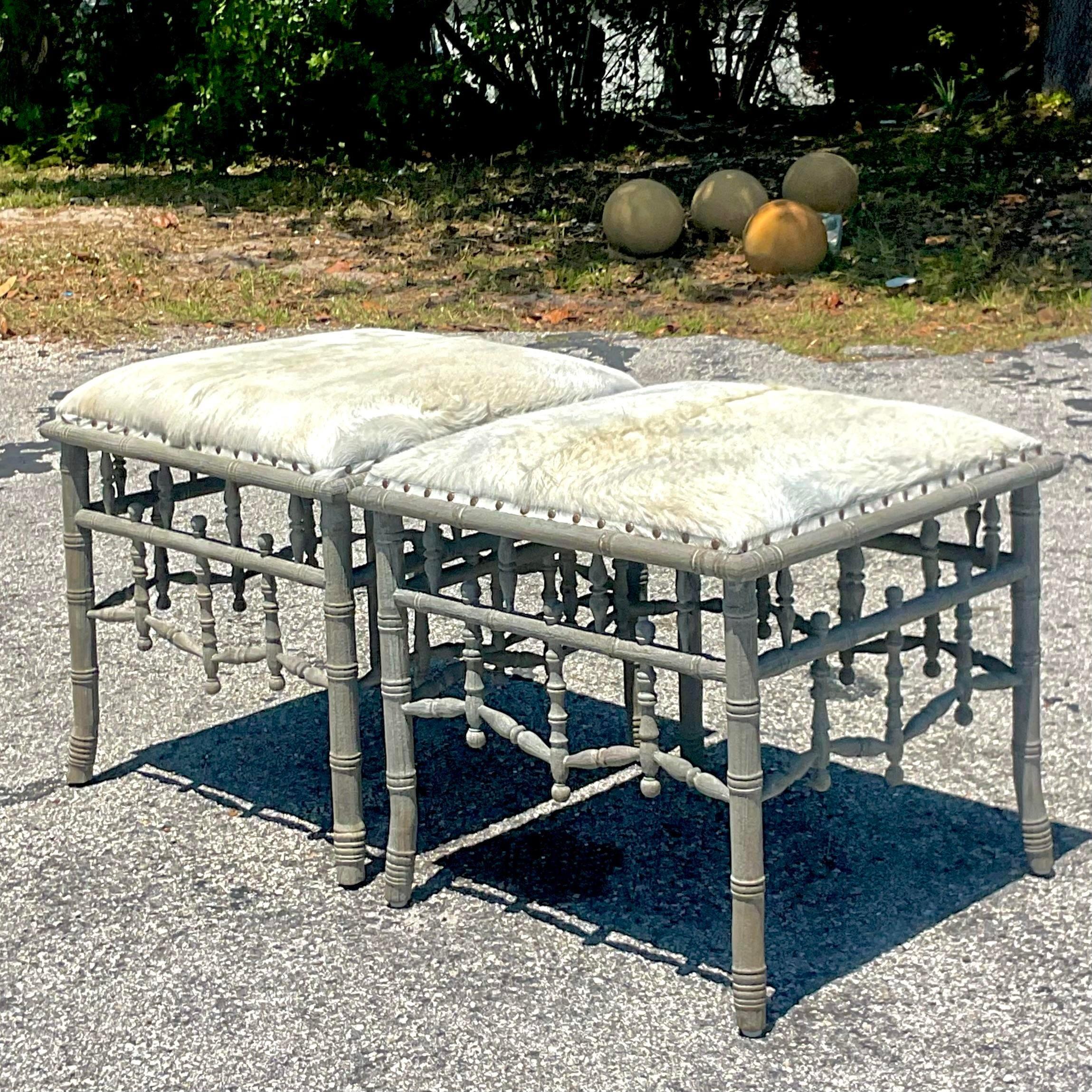 Contemporary Vintage Boho Guildmasters Fretwork Low Stools - a Pair For Sale