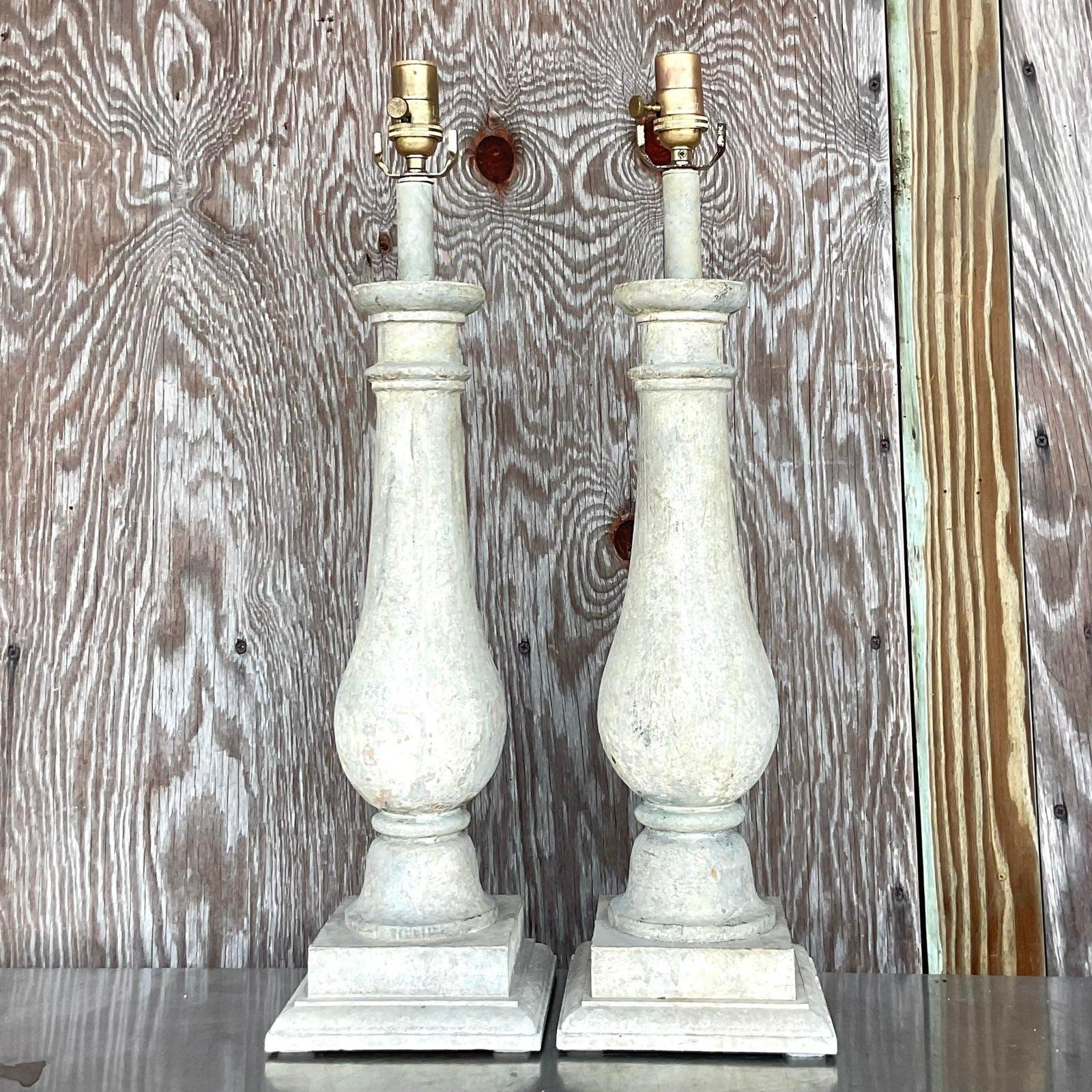 Vintage Boho Gusto Patinated Wood Balustrade Lamps, a Pair In Good Condition In west palm beach, FL