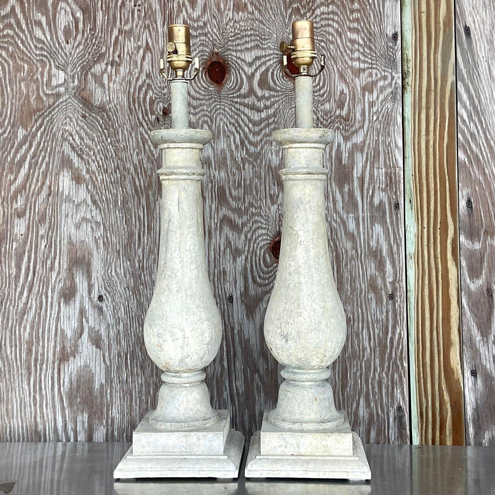 20th Century Vintage Boho Gusto Patinated Wood Balustrade Lamps, a Pair
