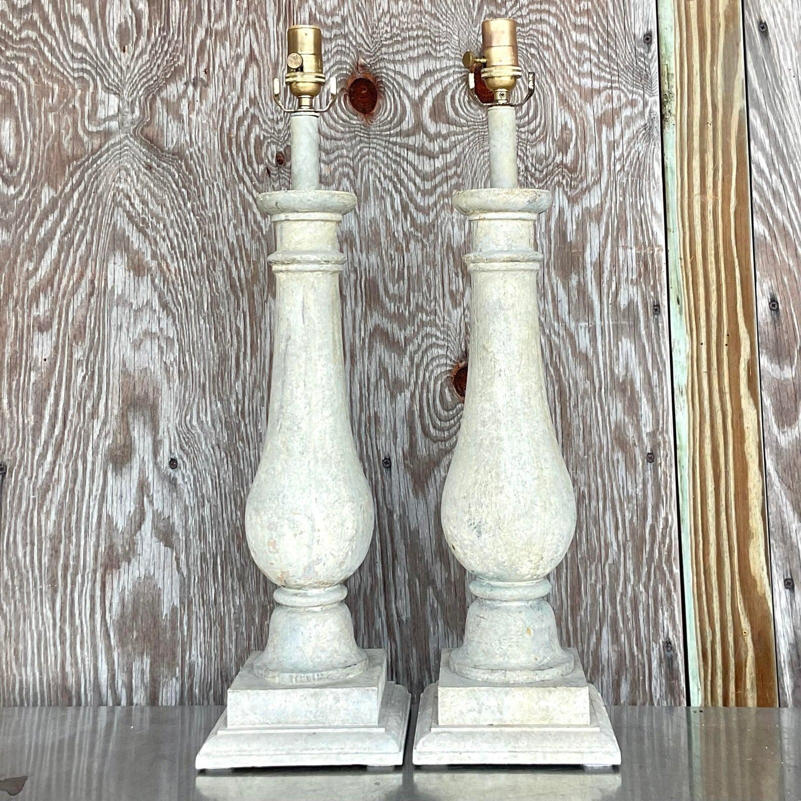 Vintage Boho Gusto Patinated Wood Balustrade Lamps, a Pair 1