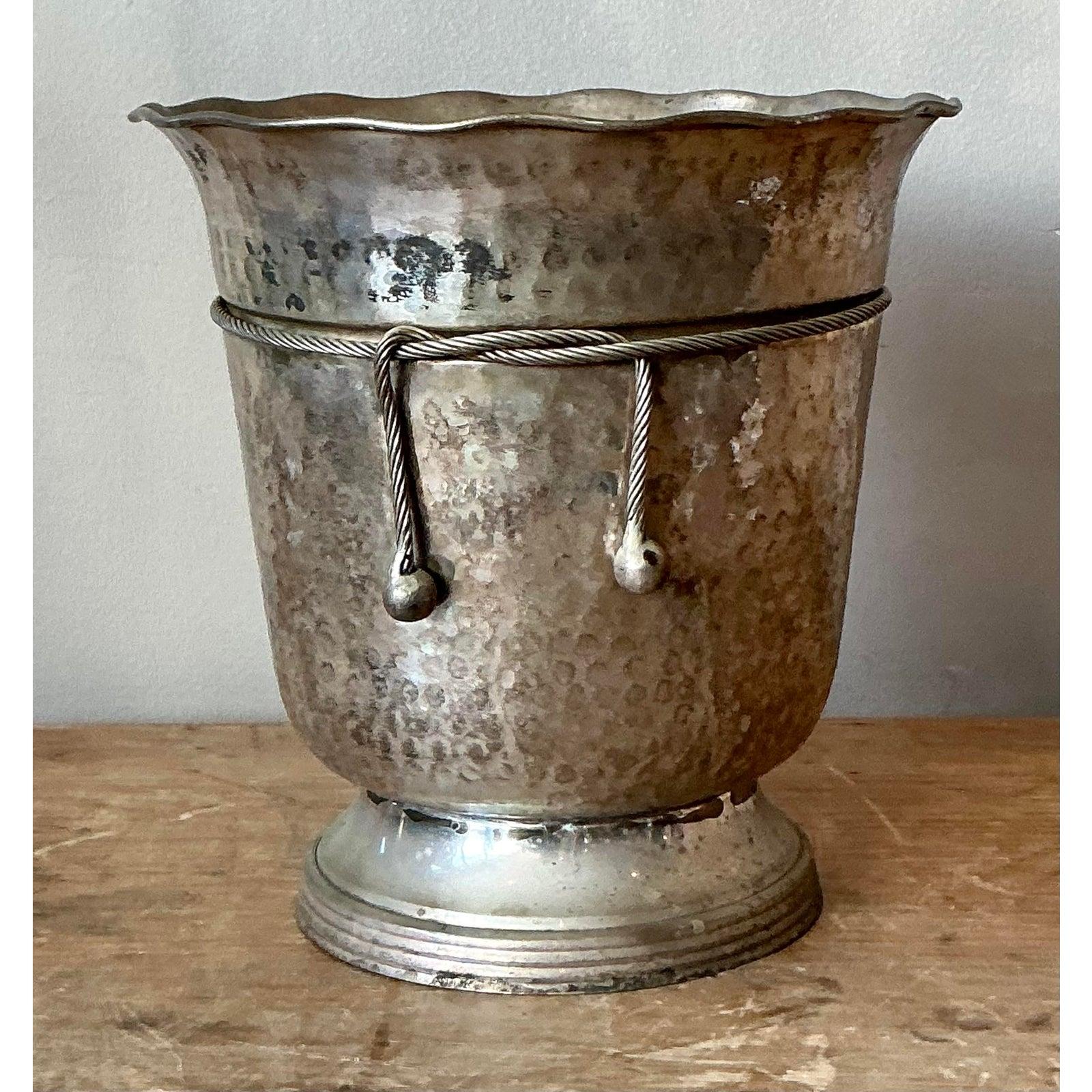 Industrial Vintage Boho Hammered Aluminum Ice Bucket For Sale