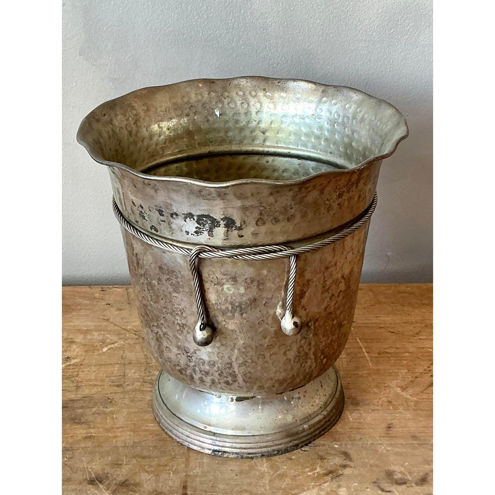 Vintage Boho Hammered Aluminum Ice Bucket In Good Condition For Sale In West Palm Beach, FL