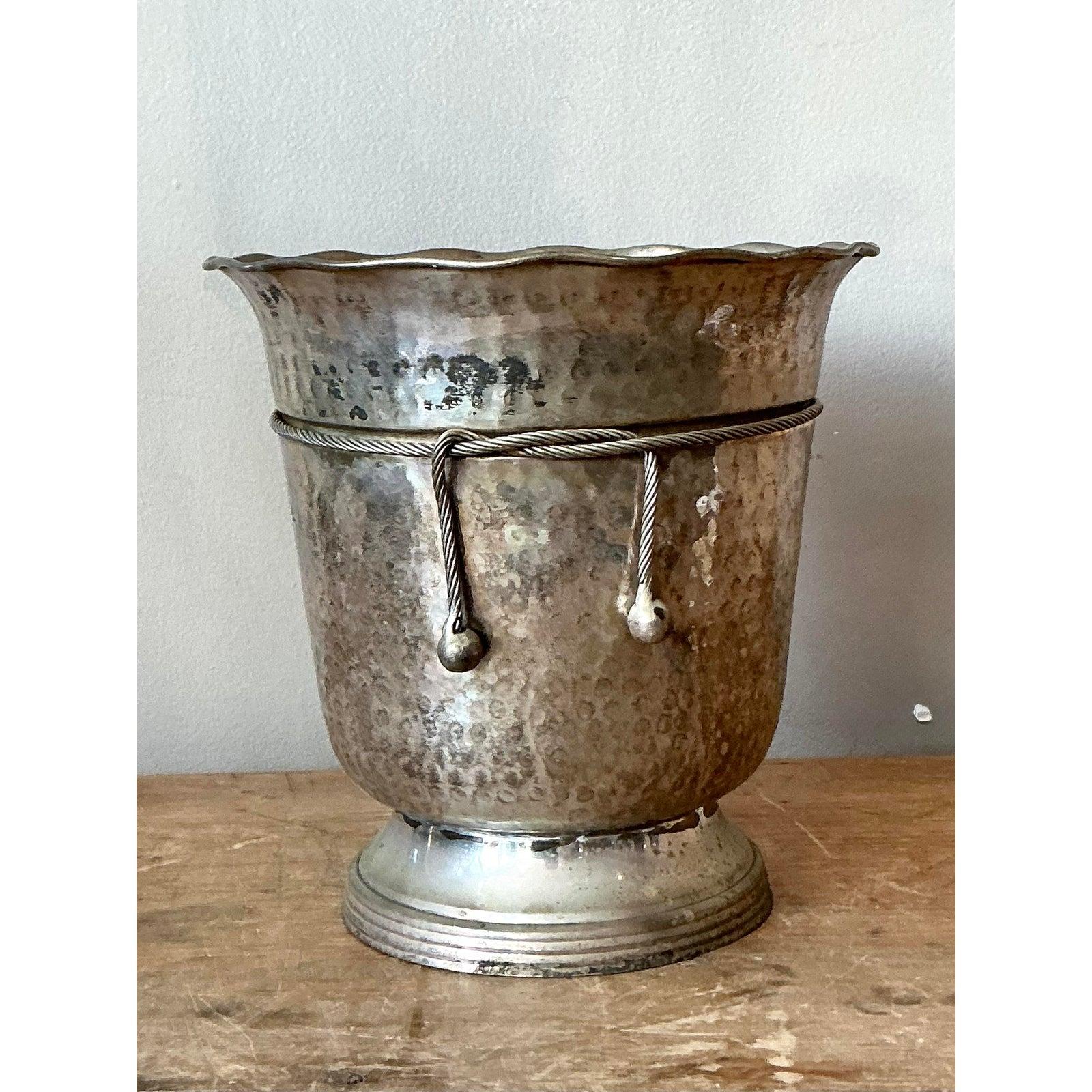 20th Century Vintage Boho Hammered Aluminum Ice Bucket For Sale