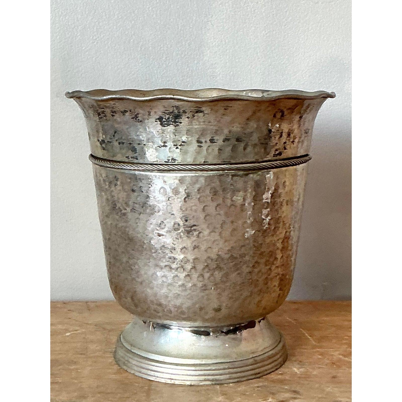 Vintage Boho Hammered Aluminum Ice Bucket For Sale 1
