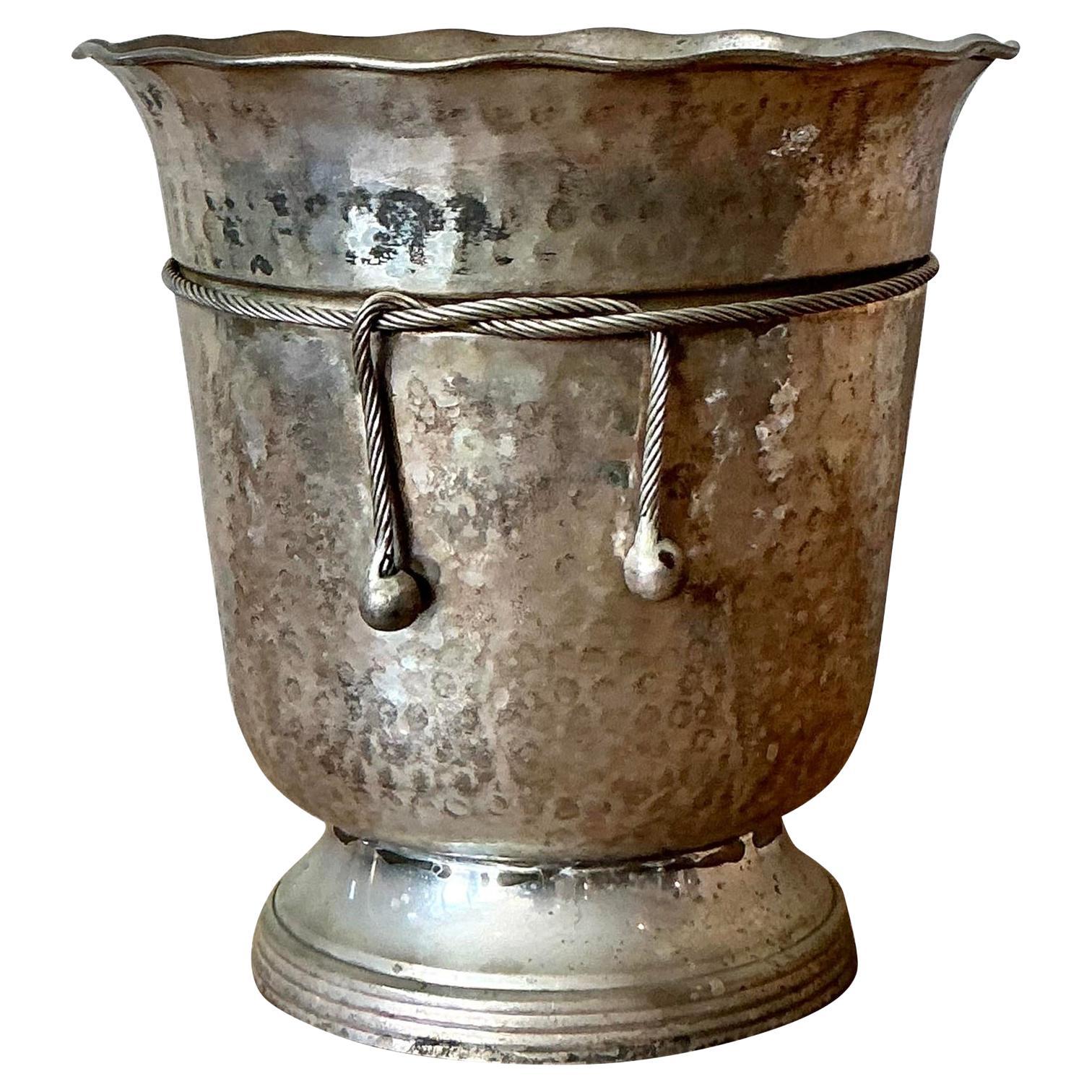 Vintage Boho Hammered Aluminum Ice Bucket For Sale