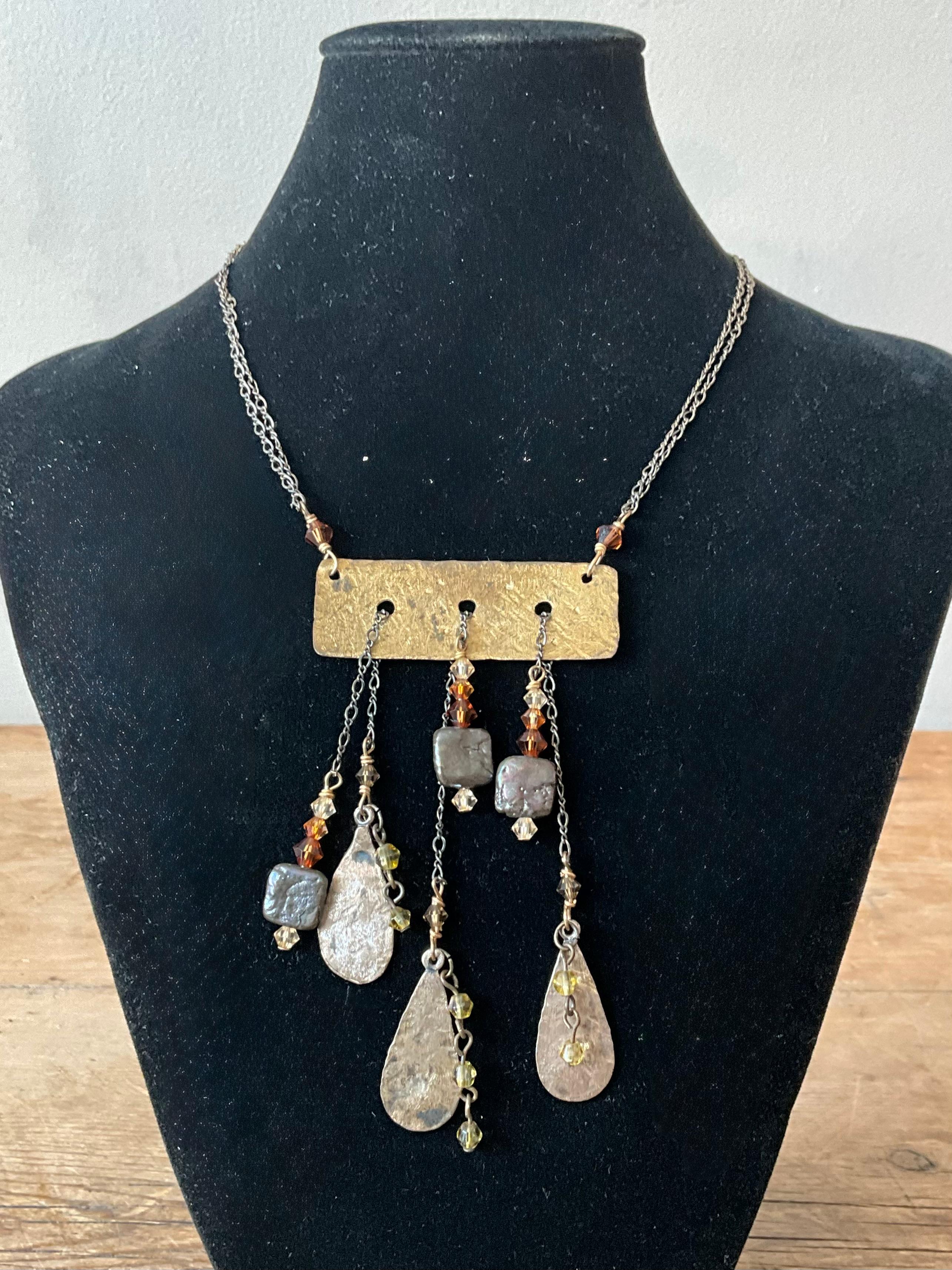 Vintage Boho Hammered Brass Drop Necklace In Good Condition For Sale In West Palm Beach, FL