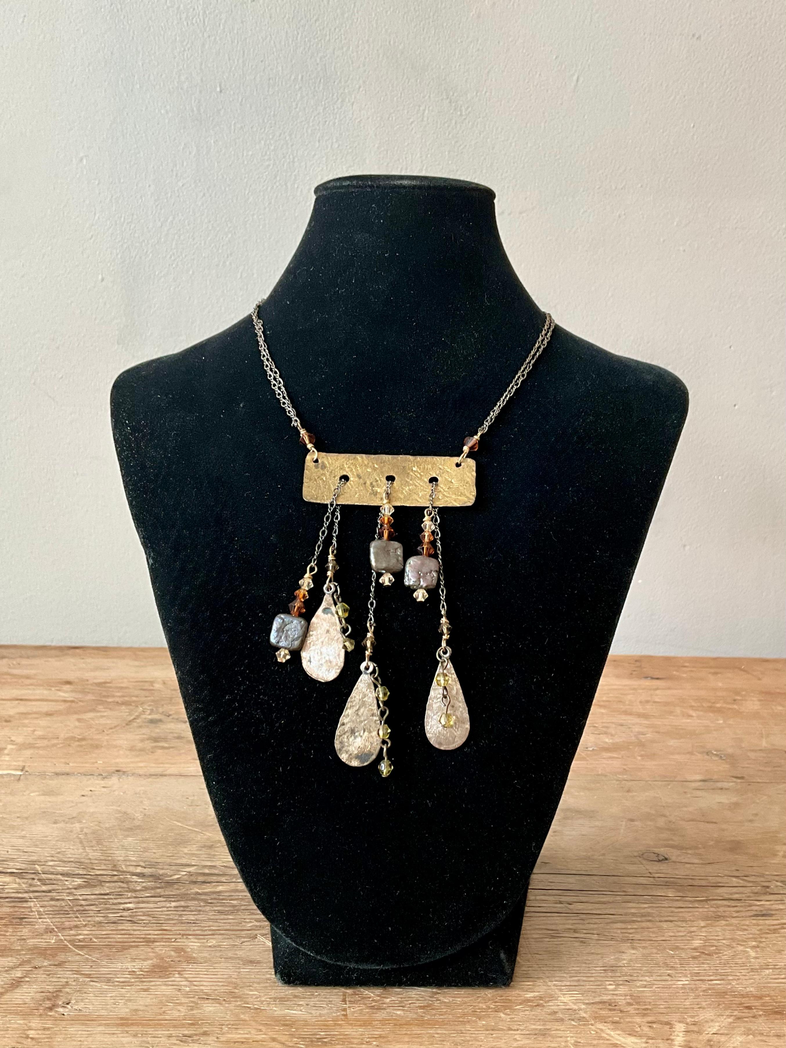 Women's or Men's Vintage Boho Hammered Brass Drop Necklace For Sale