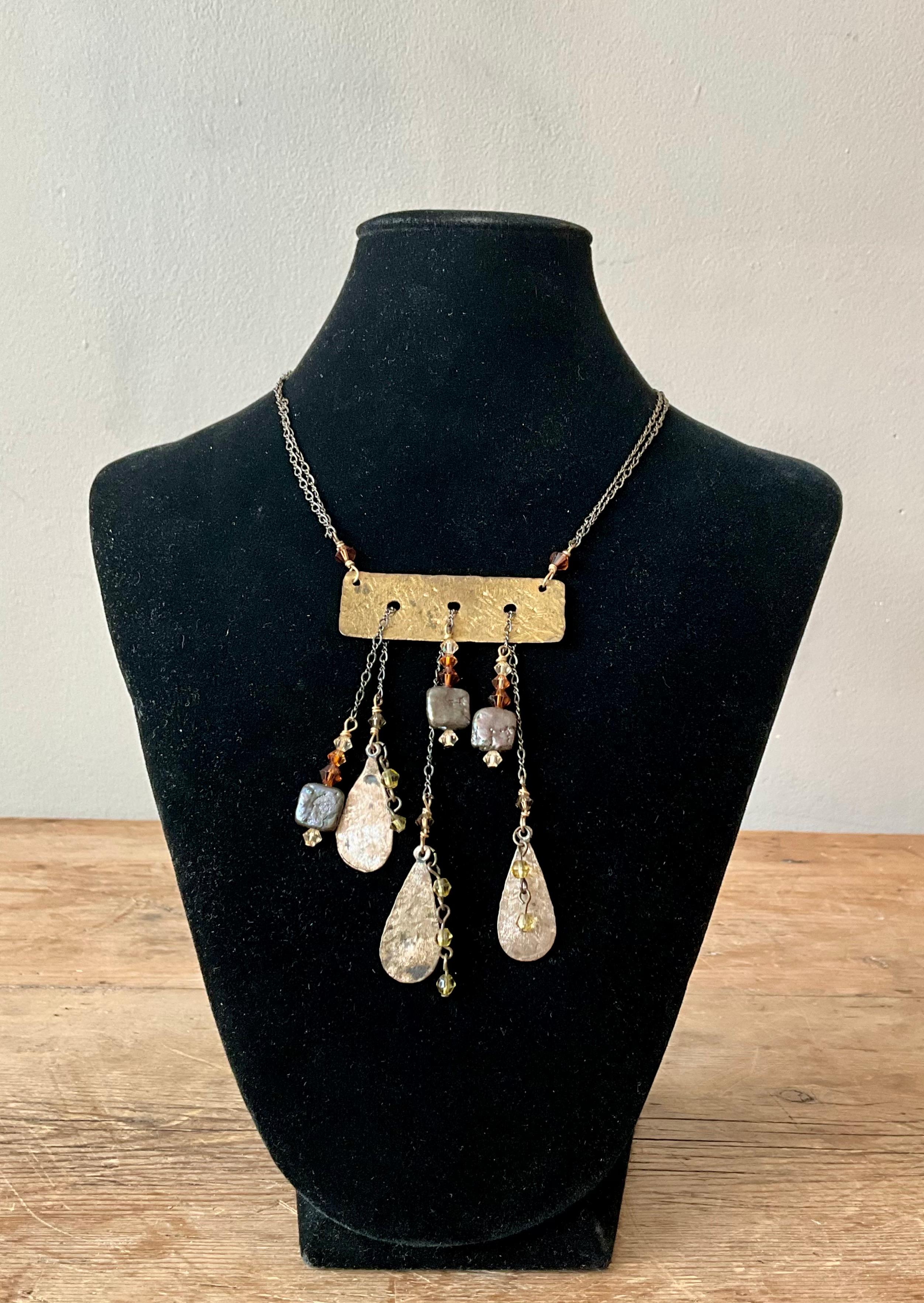 Vintage Boho Hammered Brass Drop Necklace For Sale 1