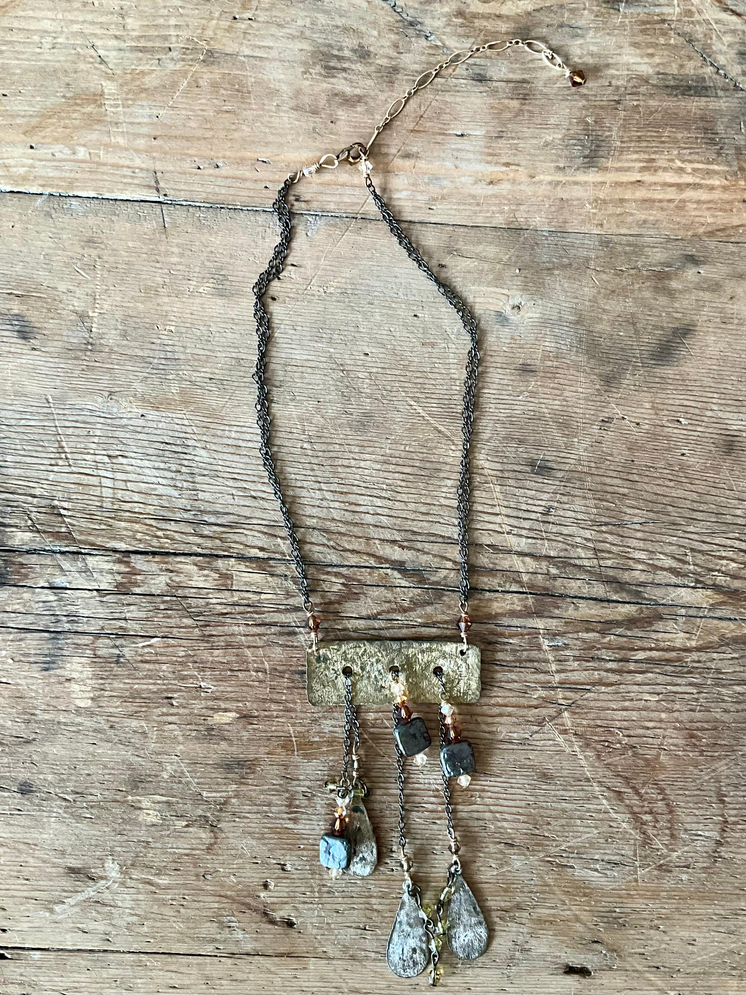 Vintage Boho Hammered Brass Drop Necklace For Sale 3