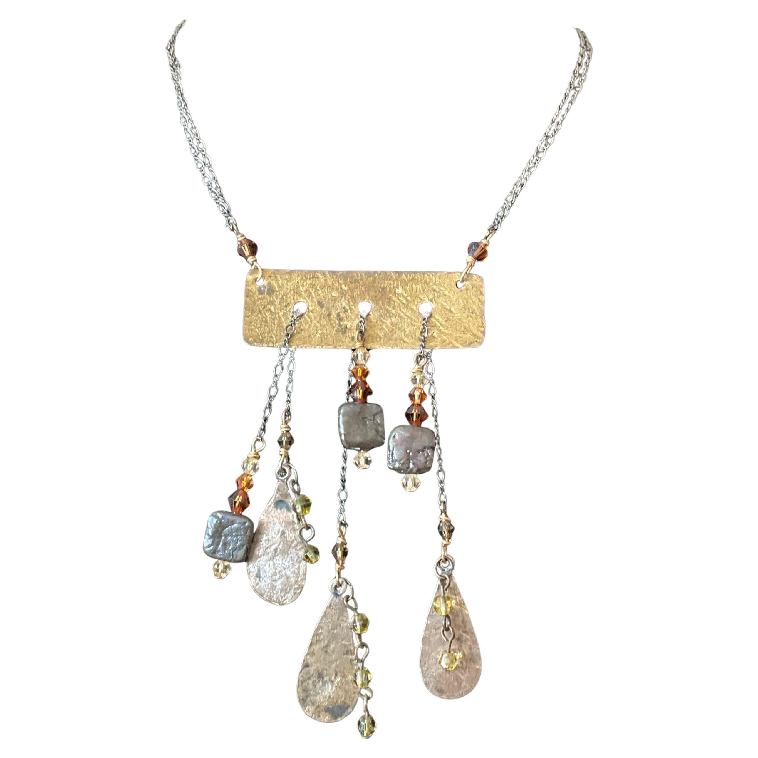 Vintage Boho Hammered Brass Drop Necklace For Sale