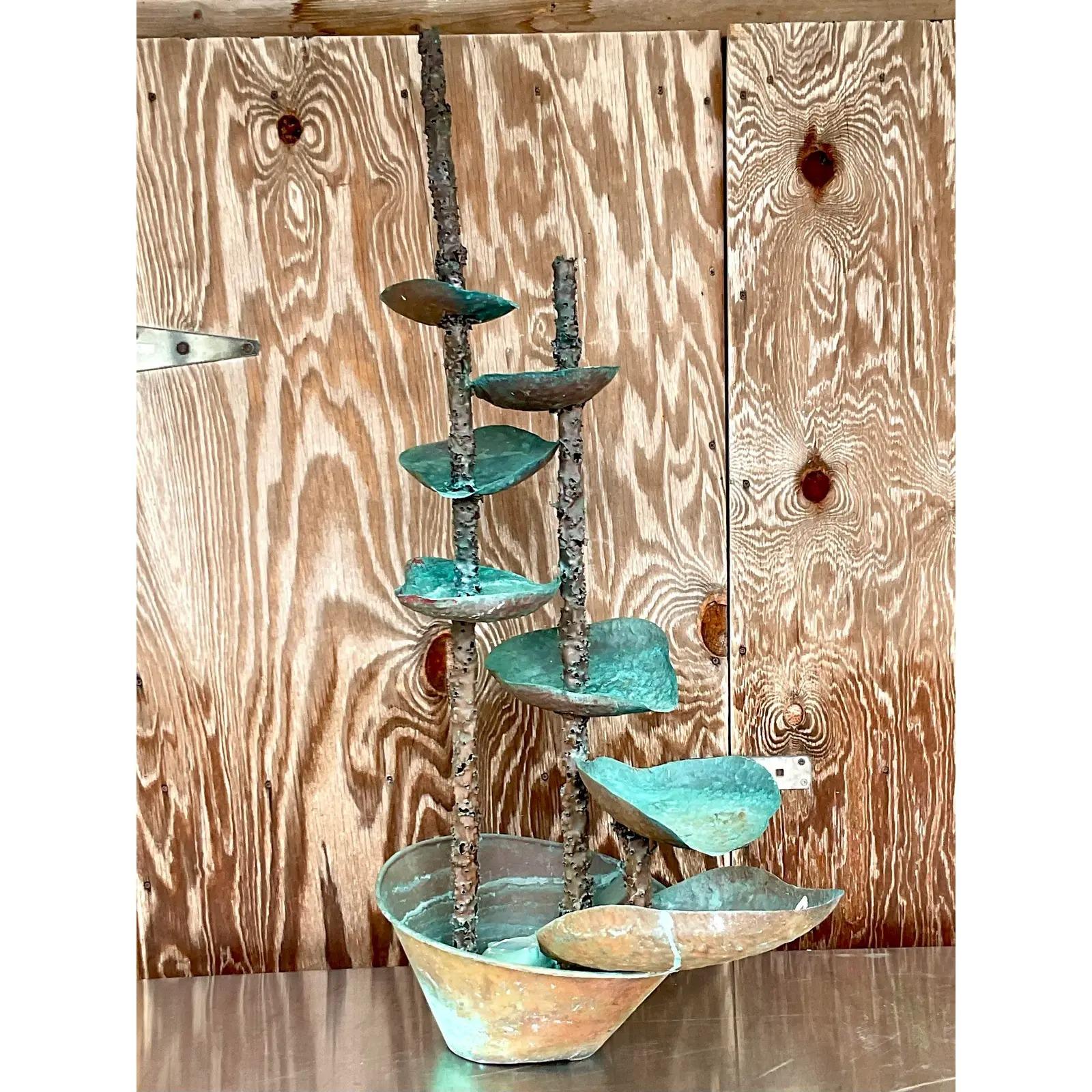 Fabulous vintage Boho water fountain. Beautiful hammered copper with an amazing patinated finish from time. Includes motor and pump, but I have not tested it. Acquired from a Palm Beach estate.