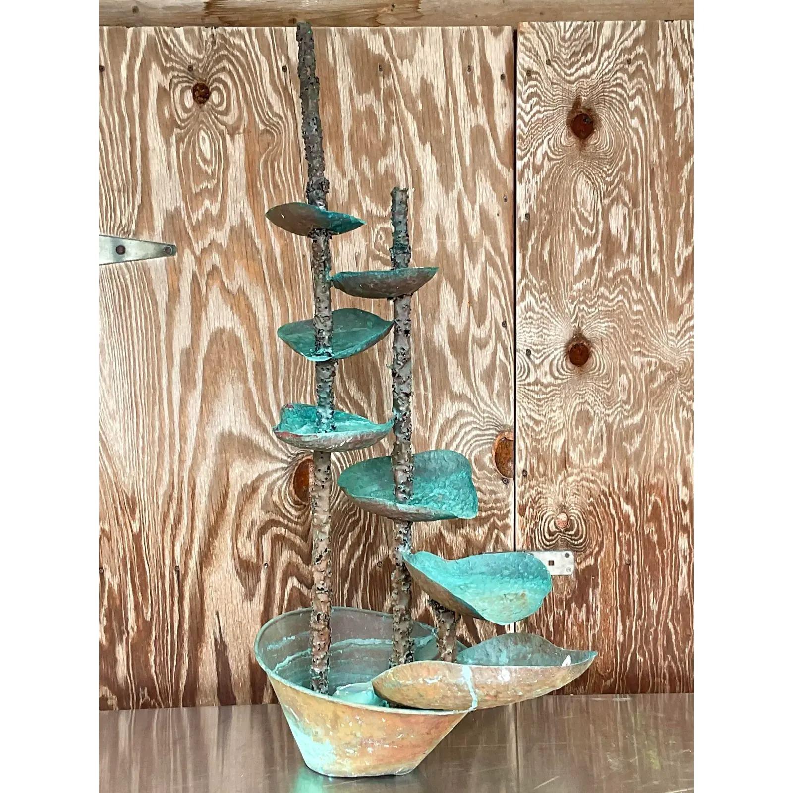 20th Century Vintage Boho Hammered Copper Lily Pad Fountain