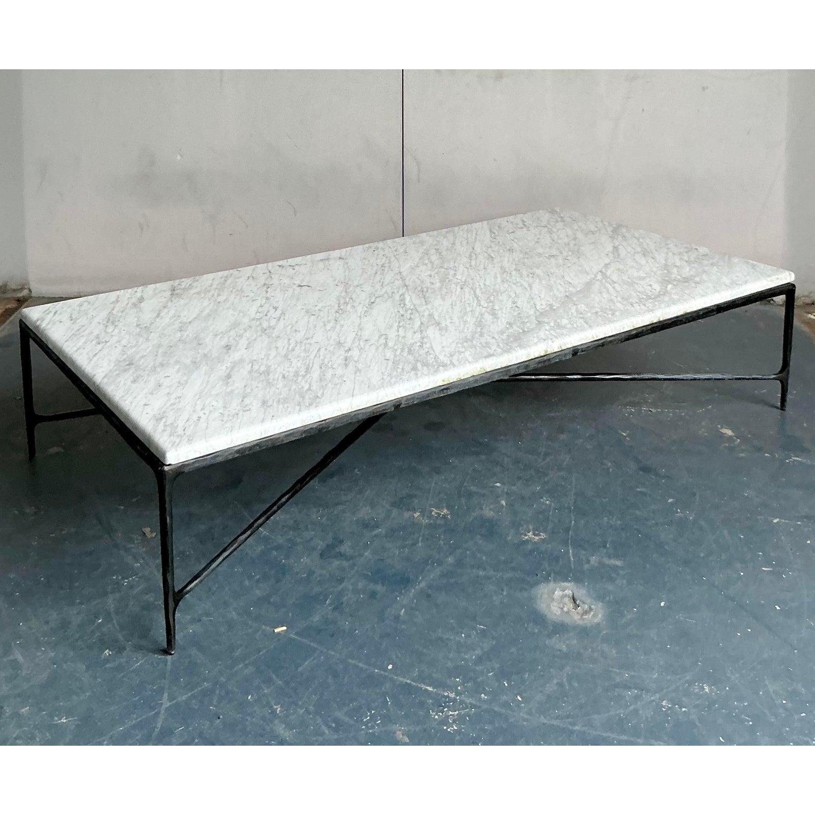 Minimalist Vintage Boho Hammered Iron and Marble Slab Coffee Table