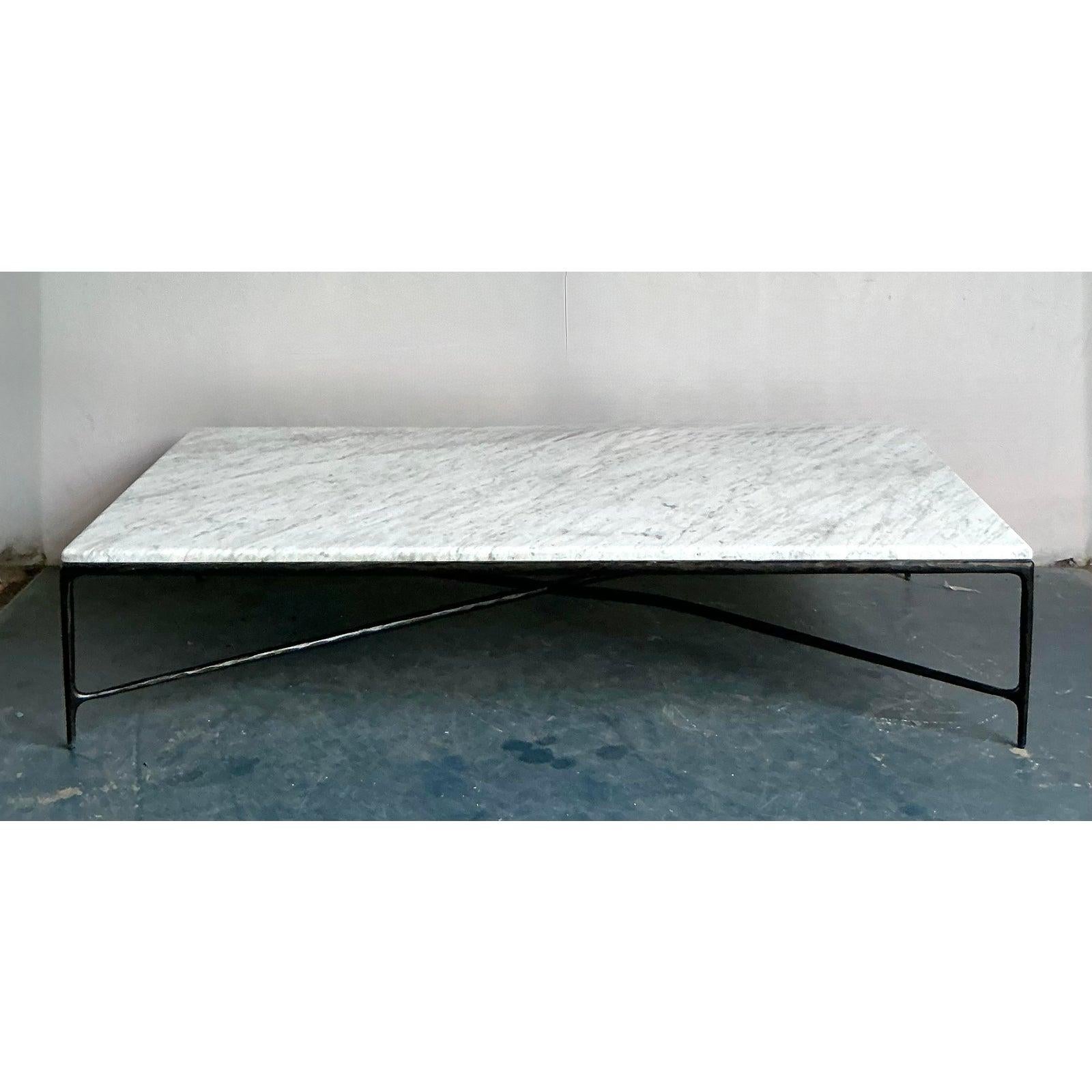 American Vintage Boho Hammered Iron and Marble Slab Coffee Table
